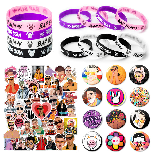 74PCS Bunny Rapper Party Favor Gifts Set, Bunny Rapper Themed Birthday Party Decoration, Rock Bands Gifts for Kid, Party Supplies Set of Silicone Wristband Bracelet, Pins Badge, Stickers