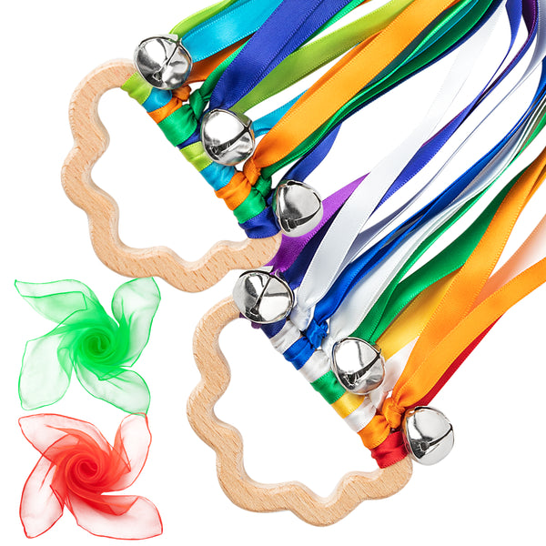 Rainbow Wind 2P Ribbon Hand Kite Toy, Including Rainbow Black&White Ribbon Wind Wand Toy Baby Sensory Toy Infants Wooden Toy Toddler Waldorf Toy Montessori Toy for Baby Shower Birthday Party Favor