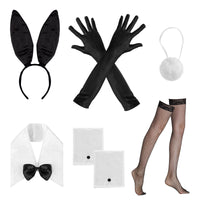 VERSRH 7PCS Bunny Costume Accessories for women, Set of Rabbit Ear Headband, Collar Bow Tie, Cuffs, Long Black Gloves, Tail, Fishnet Stockings for Halloween Role Play Costume Dress Up Party