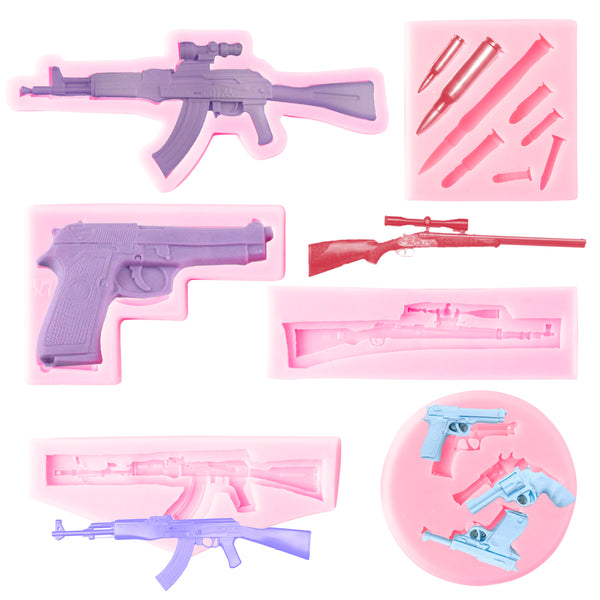 6Pcs Imitation Pistol Shaped Machine Gun Silicone Molds for Birthday Party Cake Decoration Mini DIY Craft Items Chocolate Fondant Candy Baking Mould Cupcake Topper Decor Supplies for Boys