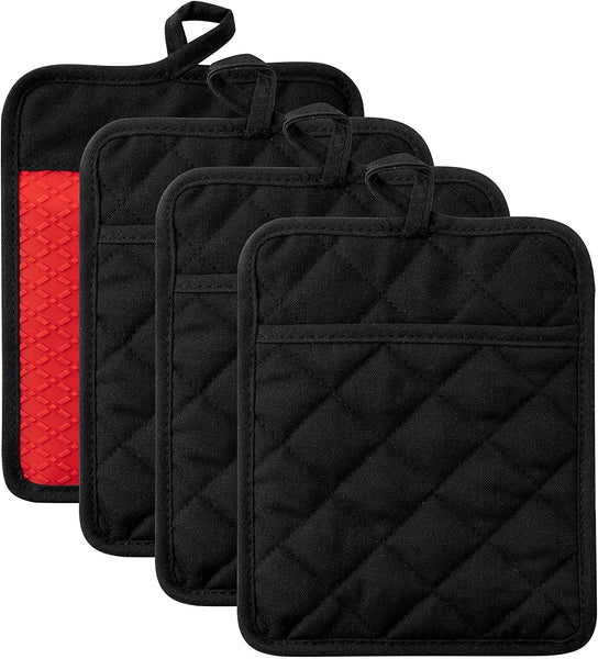 GROBRO7 4Pcs Cotton Cloth Silicone Potholders Non-Slip Oven Mitts Set Pot Holder with Pocket for Kitchens Heat Resistant Hot Pan Holder Microwave Splatter Guard Hot Pads for Baking Cooking 7”x 8.7”