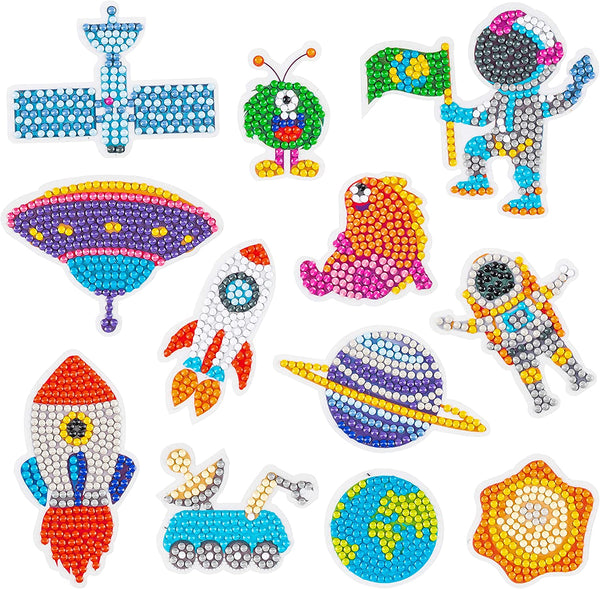 CY2SIDE 12PCS Outer Space 5D Diamond Painting Stickers, Space Easy Diamond Painting Kit for Kids, DIY Full Drill Diamond Painting Kit, Painting by Number for Beginner, Astronaut Sparkle Mosaic Sticker