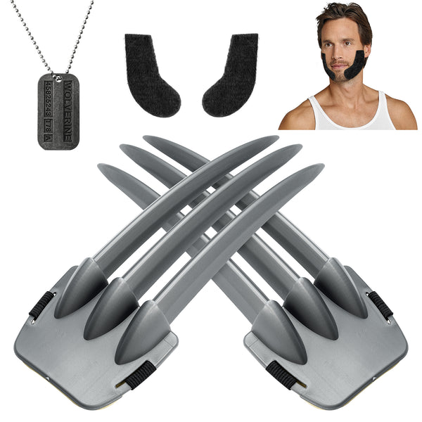 VERSRH 5PCS Wolverine Claws Cosplay Costume, Set of 2 Claws, 2 Mustaches, 1 Tag Necklace, Safe Claws Props for Kids Party, Wolverine Role Play Dress Up for Kid, Plastic Claws Toy for Costumes Accessory