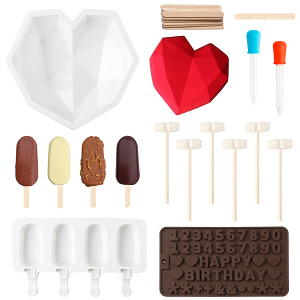 GROBRO7 Silicone Heart Chocolate Mold HAPPY BIRTHDAY Letter Number Tray with Wooden Mallet Pounding Toy for Baking Chocolate Cookies Fondant Soap Clay Crafting Wedding Engagement Valentine Cake, 41Pcs