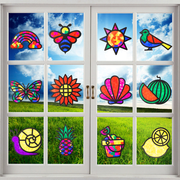 VERSRH 13pcs Summer Tissue Paper Sun Catcher, Butterfly Bird Animals Fruits Pre-Cut Cards DIY Sun Catcher Art Craft Kit, Kids Classroom Art Window Decal Educational Supplies for Indoor Home Decor