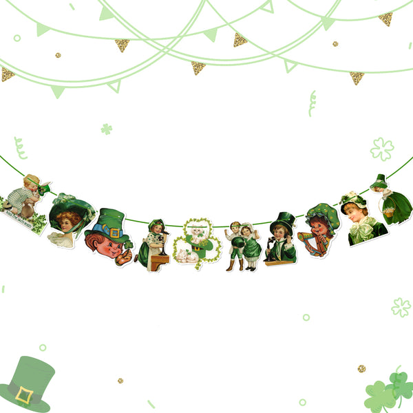 VERSRH Vintage ST. Patrick Shamrock Card Stock Hanging Banner Garlands Decoration, 10 Styles Traditional Patterns Banner, Retro Shamrock Leprechauns Lucky Irish Party Supplies Hanging Ornaments