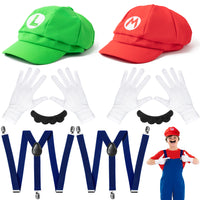 VERSRH 10PCS Mario Cosplay Costume, Luigi Costumes Accessory, Mario and Luigi Hats Set Dress Up, Super Brothers Costume Role Play, Set of 2 Caps, 2 Mustaches, 2 Elastic Strap Gripper Clasps, 4 Gloves
