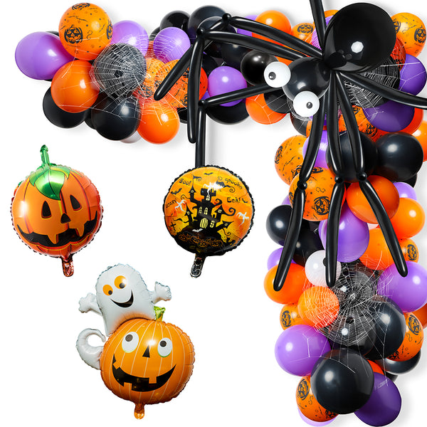109Pcs Halloween Balloon Arch Garland Kit, Includes Spider Web, Black, Orange, Purple Latex Balloons Haunted House Pumpkin Ghost Aluminum Balloons Party Decorations for Halloween
