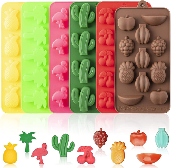 GROBRO7 Pack of 6 Silicone Hawaiian Tropical Themed Molds Pineapple Cactus Flamingo Cherry Coconut Tree Tray for Baking Chocolate Cookies Ice Cream Fondant Soap Wedding Engagement Birthday Cake