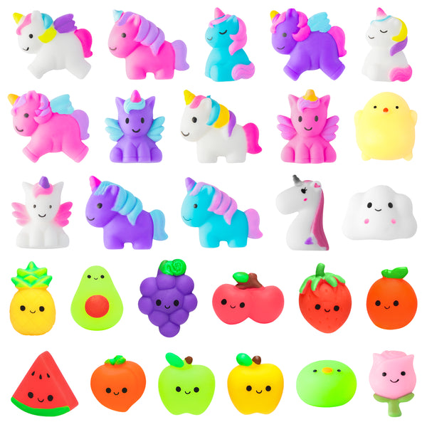 GROBRO7 27pcs Mini Mochi Squeeze Toys Set for Kids Kawaii Silicon Food Fruit Squeeze Toys Pack Cute Soft Creamy Stress Relief Decoration Toys for Bag Fillers Party Favors Supplies Birthday Gift Prize