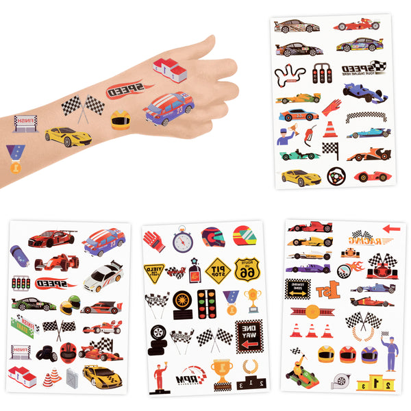 VERSRH 8PCS Race Cars Temporary Tattoos for Kids Birthday Party Decorations Supplies, Cartoon Fake Tattoos, Cool Waterproof Body Sticker Decorations, Anime Face/Hand Tattoos, Racing Car Party Favors
