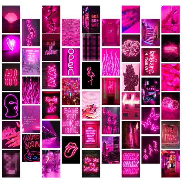 50PCS Pink Neon Aesthetic Wall Collage Kit, Wall Art Collage Kit, Aesthetic Posters for Dorm Wall Decor, Wall Art Print for VSCO Girls, Aesthetic Photo, Bedroom Decor for Teen Girl