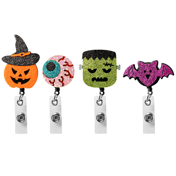 VERSRH 4PCS Halloween Retractable Badge Reel Felt, Pumpkin Badge Holder Bat Badge Clip, Name ID Card Badge Clip for Kids Office Staff Student Nurse, Halloween Glitter Decorative Badge Reel Metal Clip