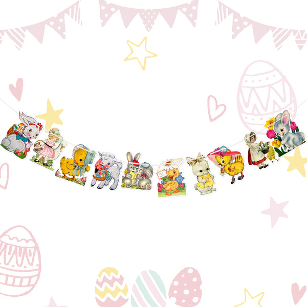 VERSRH Vintage Easter Card Hanging Banner Garlands Decoration, 10 Styles Patterns Traditional Bunny Banner, Rustic Spring Themed Retro Happy Easter Party Supplies Hanging Ornaments for Indoor Outdoor