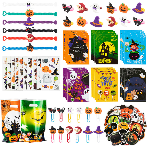 128pcs Halloween Theme Party Favor Set with Halloween Coloring Book, Tattoo Temporary Sticker for Kids DIY Art Creativity Supplies, Colorful Bracelets Rings Bookmark Tattoos Candy Bag Gifts Toy