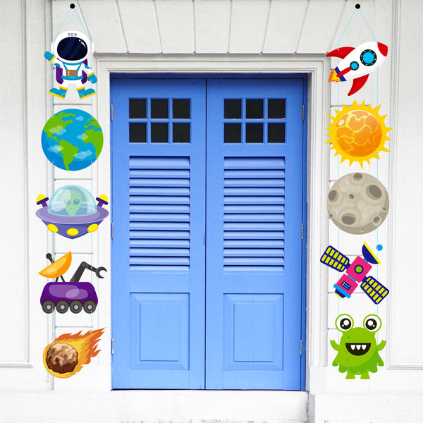 GROBRO7 10PCS Outer Space Hanging Porch Sign, Astronaut Door Banners, Galaxy Door Sign Cutouts, Wall Decoration Sign, Space Birthday Party Decors, Banners for Home Decoration, Party Supplies for Boys