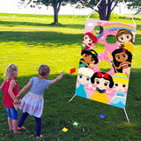 Princess Bean Bag Toss Game with 4 Bean Bags, Fun Indoor Outdoor Game for Kids and Adults, Tossing Game for Toddlers, Satin Banner for Princess Party Decoration Supplies, Class Activity, Picnic Time