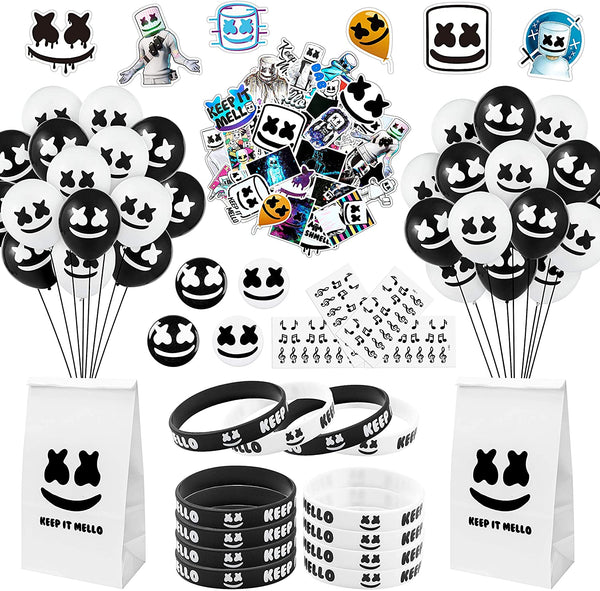 114Pack Marshmellow Themed Party Supplies Birthday Party Favor Decoration DJ Music Marshmellow Kit Balloon Candy Treat Bags Black White Marshmellow Stickers Tattoos for Kids Baby Shower Adults