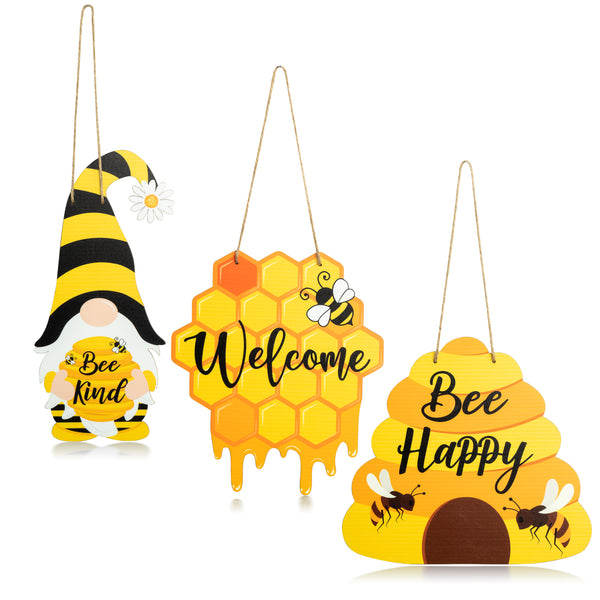 VERSRH 3pcs Bee Honeycomb Gnomes Wooden Hanging Door Sign, Happy Bee’s Day Porch Welcome Sign for Door, Bee Festival Decor, Bee Happy Farmhouse Wreath Hanging Ornaments Decor for Indoor Outdoor