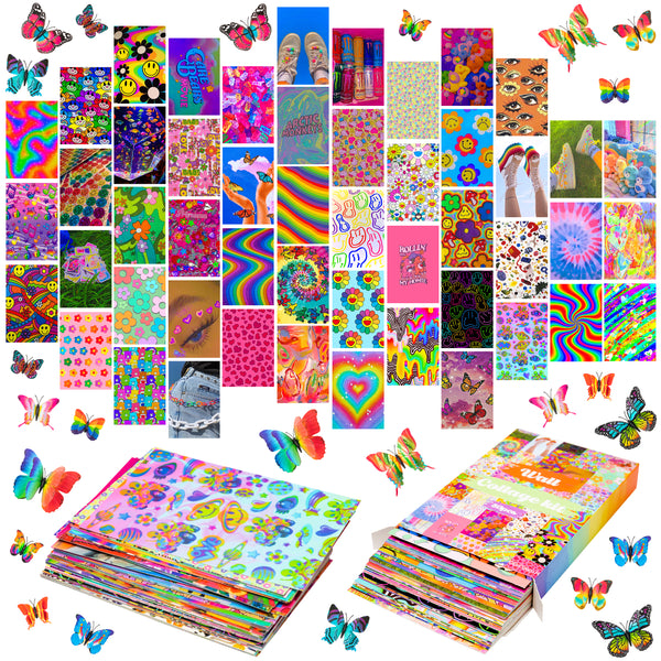 74Pcs Bright Collage Kit with 3D Butterfly Magnetic Wall Decal Stickers, Indie Aesthetic Picture Room Wall Decor, Art Print Posters for Dorm VSCO Girls Boys, Bedroom Decor for Butterfly Lovers