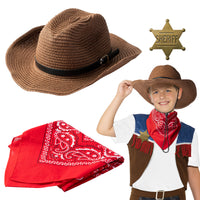 VERSRH 3PCS Western Cowboy Costume, Cowboy Hat Cosplay Accessory, Brown Western Cowboy Hat Dress Up for Kids, Funny Party Role Play, Set of 1 Cowboy Hat, 1 Red Bandanna, 1 Metal Sheriff Badge