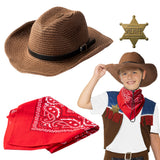 VERSRH 3PCS Western Cowboy Costume, Cowboy Hat Cosplay Accessory, Brown Western Cowboy Hat Dress Up for Kids, Funny Party Role Play, Set of 1 Cowboy Hat, 1 Red Bandanna, 1 Metal Sheriff Badge