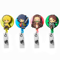 GROBRO7 4PCS Demon Slayer Retractable Badge Holder, Cartoon Badge Clips with Retractable Cord, 4 Different Anime Figure Badge Holder Reel Clip, ID Card Badge Clips for Office Staff Student