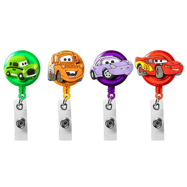 VERSRH 4PCS Race Car Retractable Badge Holder, Cartoon Badge Clips with Retractable Cord, 4 Different Race Car Cartoon Pattern Badge Holder Reel Clip, ID Card Badge Clips for Kids Office Staff Student