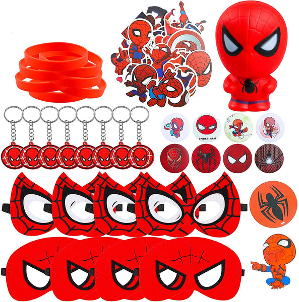 72Pcs Spider Superhero Themed Party Supplies Mask Slow Rising Squeeze toys Superhero Cartoon Sticker Rubber Bracelet Badge Keychain Superhero Birthday Party Favor for Kids Baby Shower Birthday
