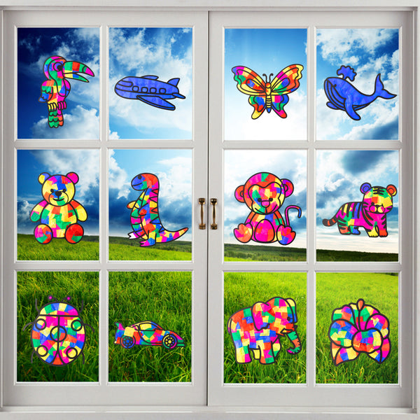 VERSRH 12pcs Animal Tissue Paper Sun Catcher, Butterfly Dinosaur Airplane Pre-Cut Cards DIY Sun Catcher Art Craft Kit, Kids Classroom Art Window Decal Educational Supplies for Indoor Home Decor