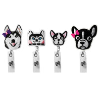 VERSRH 4PCS Embroidery Dog Badge Reels Retractable, Cute Badge Holders Retractable Animal Name ID Card Badge Clip for Kids Office Staff Student Nurse, Cartoon Badge Holder Reel Clip
