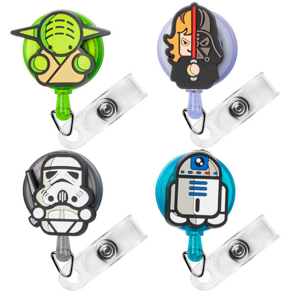 GROBRO7 4PCS SW Retractable Badge Holder, Cartoon Retractable Badge Reel, Badge Reel Holder for Kids, Nurses, Name Badge Holders with Clip for Offices, Galaxy Wars Badge Holder Reel Clip, 24 inch Cord