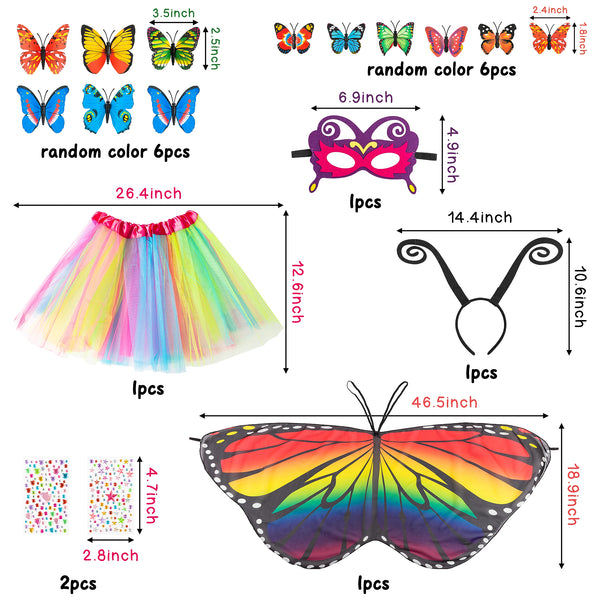 VERSRH 18PCS Fairy Butterfly Wings Rainbow Tutu Mask Dress Up Costume for Girls, Toddler Butterfly Role Play Costumes, Kids Birthday Headband Party Favors Decoration, Halloween Cosplay Costume