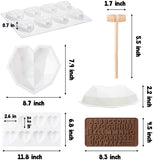 6Packs Silicone Heart Diamond Upgraded Molds HAPPY BIRTHDAY Letter Number Tray with Wooden Mallet Pounding Toy for Baking Chocolate Cookies Fondant Soap Wedding Engagement Valentine Cake