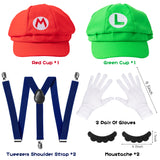 VERSRH 10PCS Mario Cosplay Costume, Luigi Costumes Accessory, Mario and Luigi Hats Set Dress Up, Super Brothers Costume Role Play, Set of 2 Caps, 2 Mustaches, 2 Elastic Strap Gripper Clasps, 4 Gloves