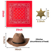 VERSRH 3PCS Western Cowboy Costume, Cowboy Hat Cosplay Accessory, Brown Western Cowboy Hat Dress Up for Kids, Funny Party Role Play, Set of 1 Cowboy Hat, 1 Red Bandanna, 1 Metal Sheriff Badge