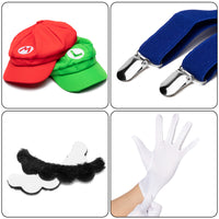 VERSRH 10PCS Mario Cosplay Costume, Luigi Costumes Accessory, Mario and Luigi Hats Set Dress Up, Super Brothers Costume Role Play, Set of 2 Caps, 2 Mustaches, 2 Elastic Strap Gripper Clasps, 4 Gloves