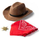 VERSRH 3PCS Western Cowboy Costume, Cowboy Hat Cosplay Accessory, Brown Western Cowboy Hat Dress Up for Kids, Funny Party Role Play, Set of 1 Cowboy Hat, 1 Red Bandanna, 1 Metal Sheriff Badge