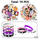 74PCS Bunny Rapper Party Favor Gifts Set, Bunny Rapper Themed Birthday Party Decoration, Rock Bands Gifts for Kid, Party Supplies Set of Silicone Wristband Bracelet, Pins Badge, Stickers