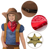 VERSRH 3PCS Western Cowboy Costume, Cowboy Hat Cosplay Accessory, Brown Western Cowboy Hat Dress Up for Kids, Funny Party Role Play, Set of 1 Cowboy Hat, 1 Red Bandanna, 1 Metal Sheriff Badge