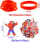 72Pcs Spider Superhero Themed Party Supplies Mask Slow Rising Squeeze toys Superhero Cartoon Sticker Rubber Bracelet Badge Keychain Superhero Birthday Party Favor for Kids Baby Shower Birthday