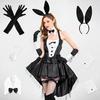 VERSRH 7PCS Bunny Costume Accessories for women, Set of Rabbit Ear Headband, Collar Bow Tie, Cuffs, Long Black Gloves, Tail, Fishnet Stockings for Halloween Role Play Costume Dress Up Party