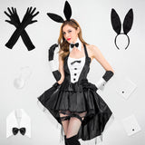 VERSRH 7PCS Bunny Costume Accessories for women, Set of Rabbit Ear Headband, Collar Bow Tie, Cuffs, Long Black Gloves, Tail, Fishnet Stockings for Halloween Role Play Costume Dress Up Party