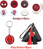 72Pcs Spider Superhero Themed Party Supplies Mask Slow Rising Squeeze toys Superhero Cartoon Sticker Rubber Bracelet Badge Keychain Superhero Birthday Party Favor for Kids Baby Shower Birthday