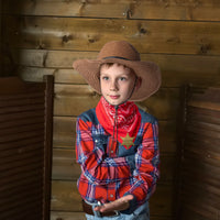 VERSRH 3PCS Western Cowboy Costume, Cowboy Hat Cosplay Accessory, Brown Western Cowboy Hat Dress Up for Kids, Funny Party Role Play, Set of 1 Cowboy Hat, 1 Red Bandanna, 1 Metal Sheriff Badge