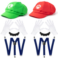 VERSRH 10PCS Mario Cosplay Costume, Luigi Costumes Accessory, Mario and Luigi Hats Set Dress Up, Super Brothers Costume Role Play, Set of 2 Caps, 2 Mustaches, 2 Elastic Strap Gripper Clasps, 4 Gloves