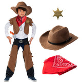 VERSRH 3PCS Western Cowboy Costume, Cowboy Hat Cosplay Accessory, Brown Western Cowboy Hat Dress Up for Kids, Funny Party Role Play, Set of 1 Cowboy Hat, 1 Red Bandanna, 1 Metal Sheriff Badge