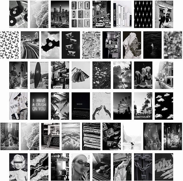 CY2SIDE 50PCS Black White Aesthetic Picture for Wall Collage, 50 Set 4x6 inch, Chic Collage Print Kit, Room Decor for Girls, Vintage Wall Art Prints for Room, Dorm Photo Display, VSCO Posters for Bar