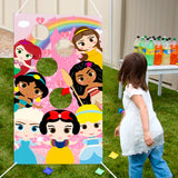 Princess Bean Bag Toss Game with 4 Bean Bags, Fun Indoor Outdoor Game for Kids and Adults, Tossing Game for Toddlers, Satin Banner for Princess Party Decoration Supplies, Class Activity, Picnic Time