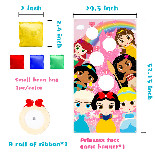 Princess Bean Bag Toss Game with 4 Bean Bags, Fun Indoor Outdoor Game for Kids and Adults, Tossing Game for Toddlers, Satin Banner for Princess Party Decoration Supplies, Class Activity, Picnic Time